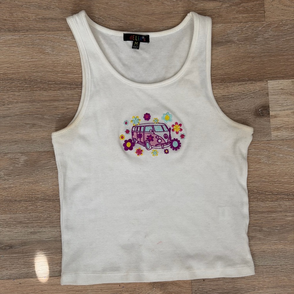 Dolls Kill White Tank Top with Purple and Red Embroidery